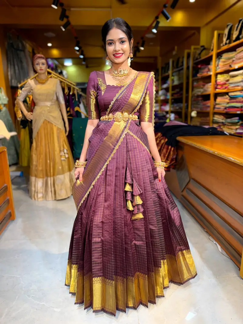Coffee Tissue Checks Half Saree