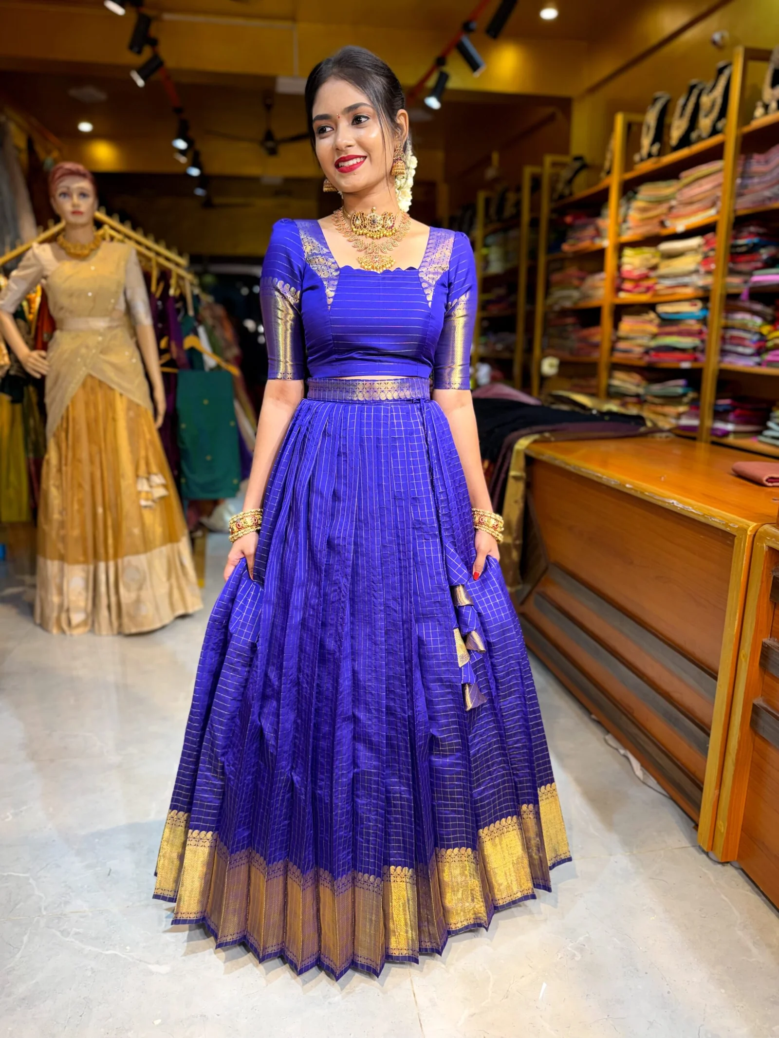 Purplish Blue Tissue Checks Half Saree - Image 3