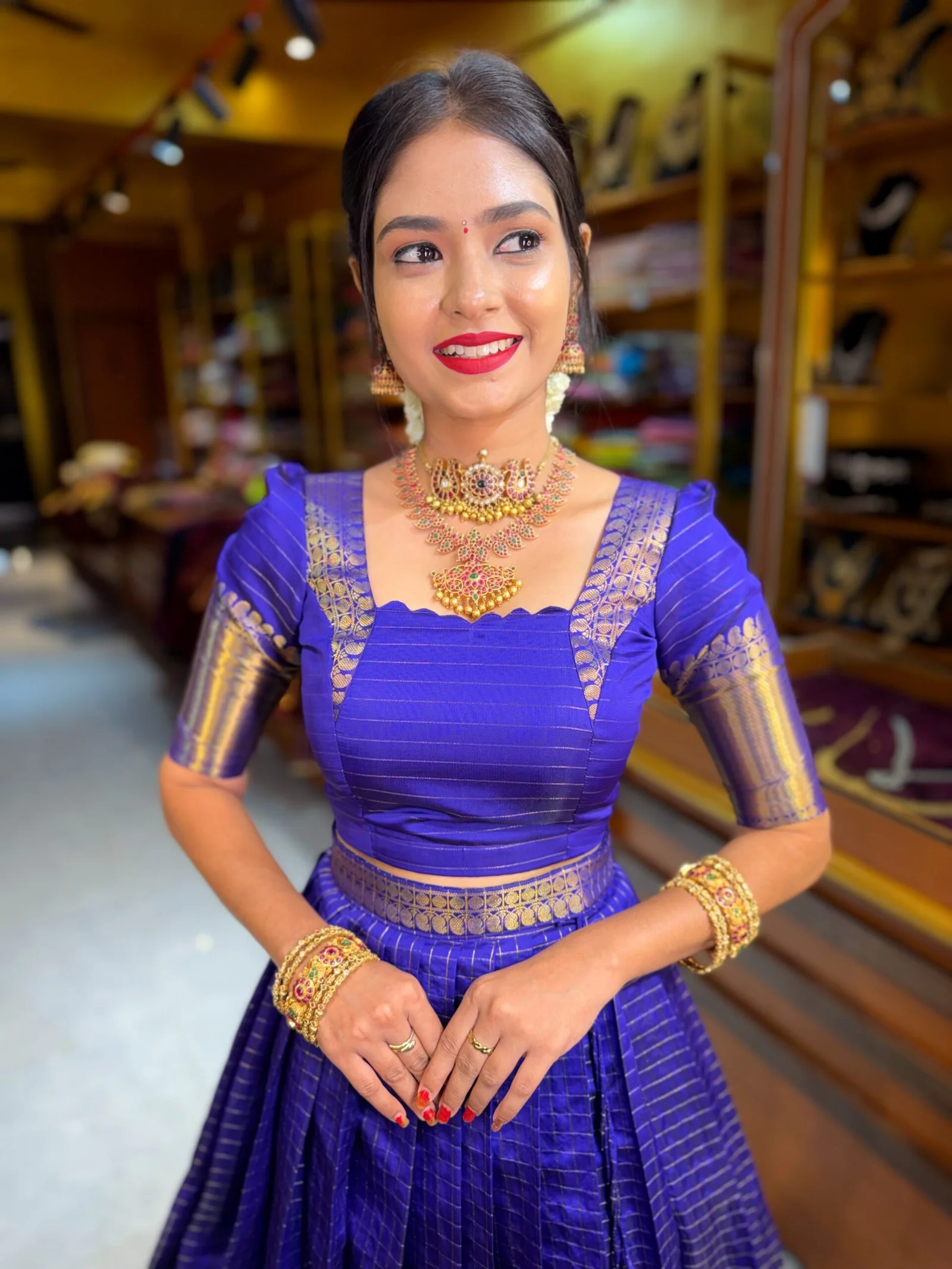 Purplish Blue Tissue Checks Half Saree - Image 6