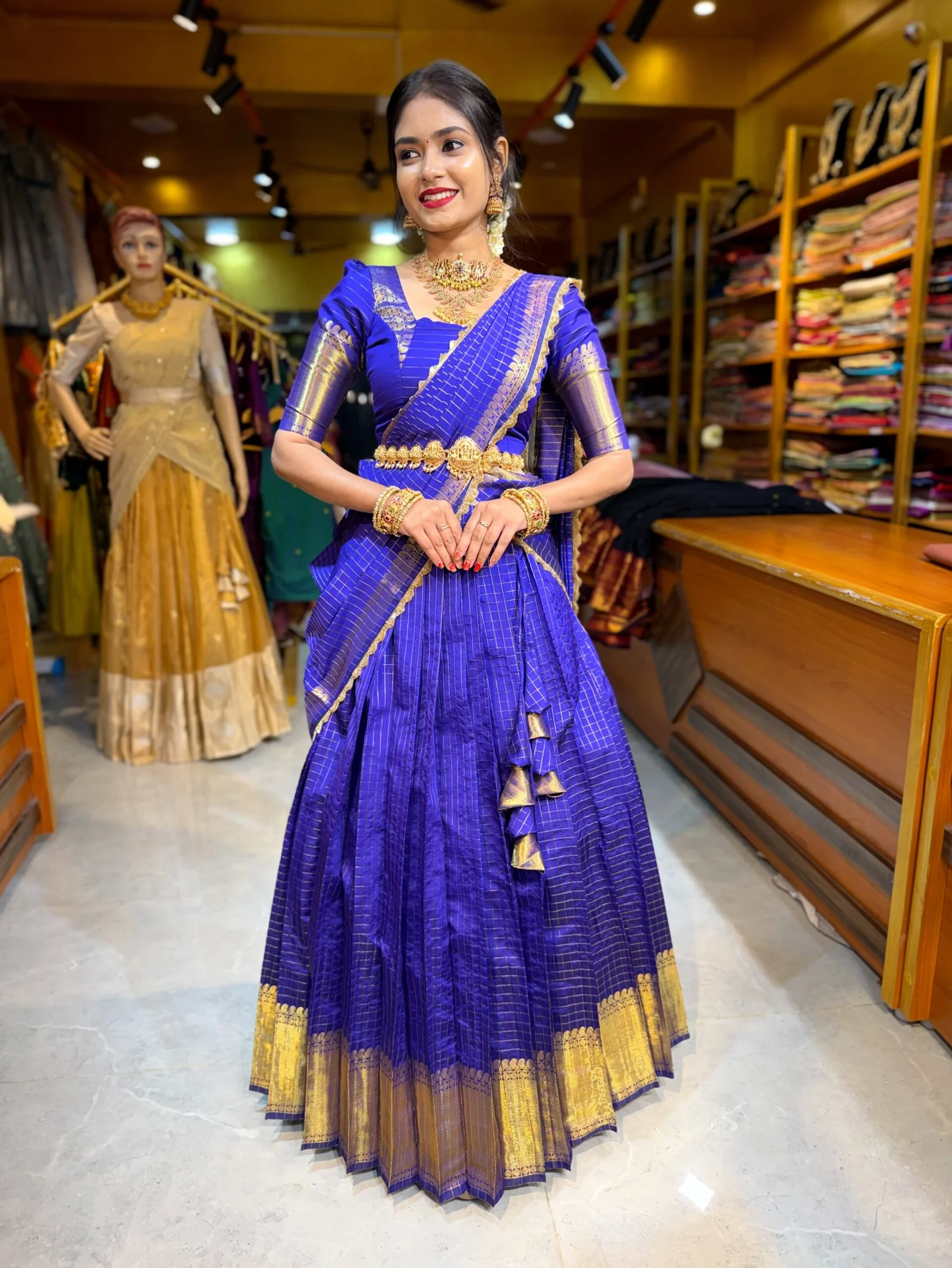 Purplish Blue Tissue Checks Half Saree - Image 4