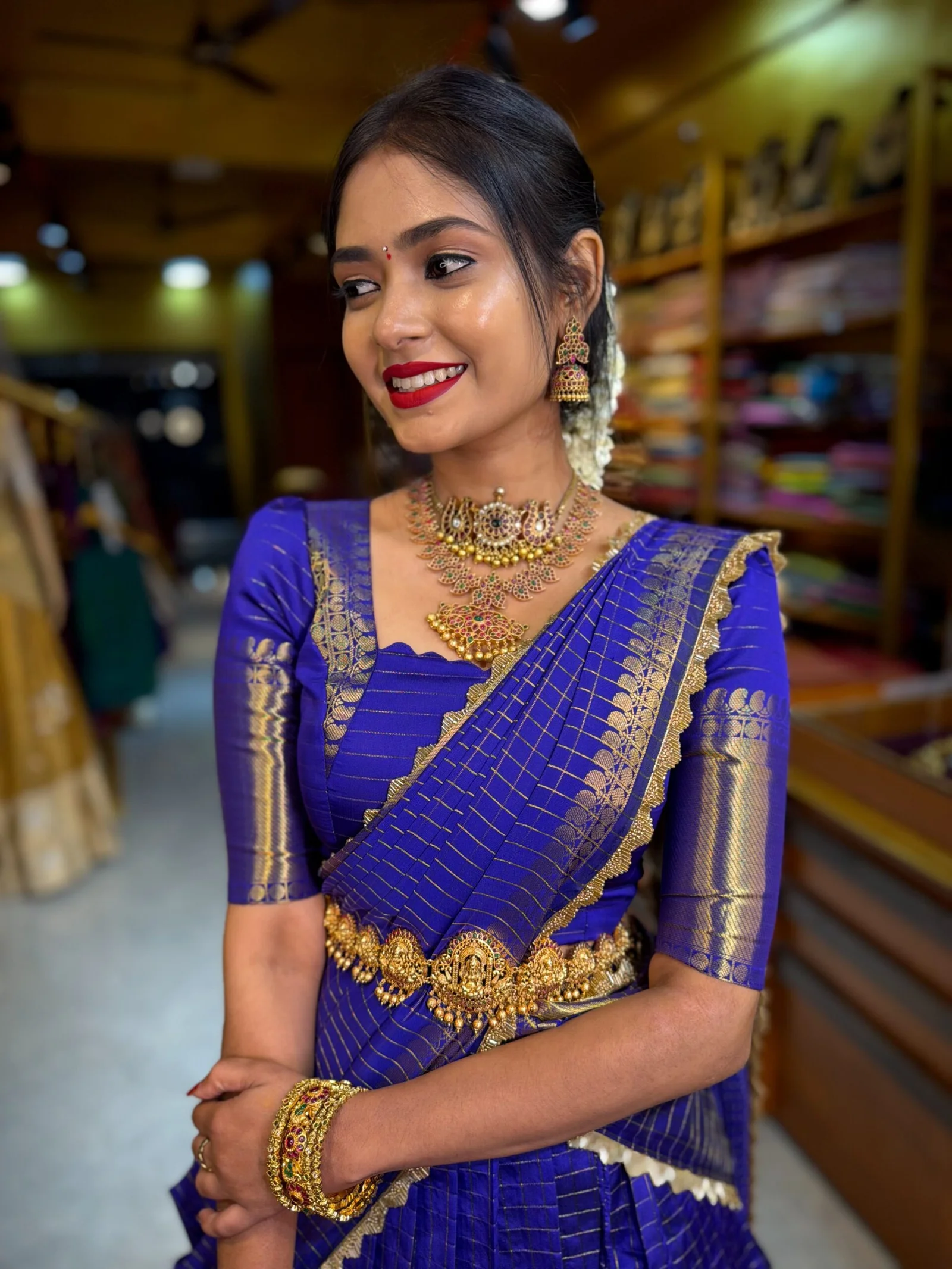 Purplish Blue Tissue Checks Half Saree - Image 5
