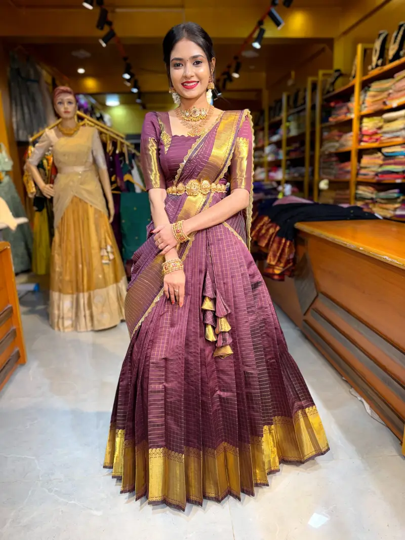 Coffee Tissue Checks Half Saree - Image 3