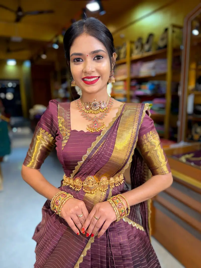 Coffee Tissue Checks Half Saree - Image 4