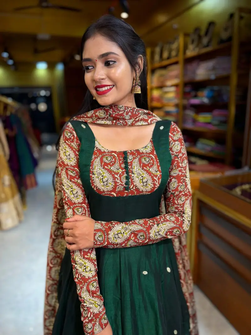 Bottle Green Handloom Cotton Gown - Image 2