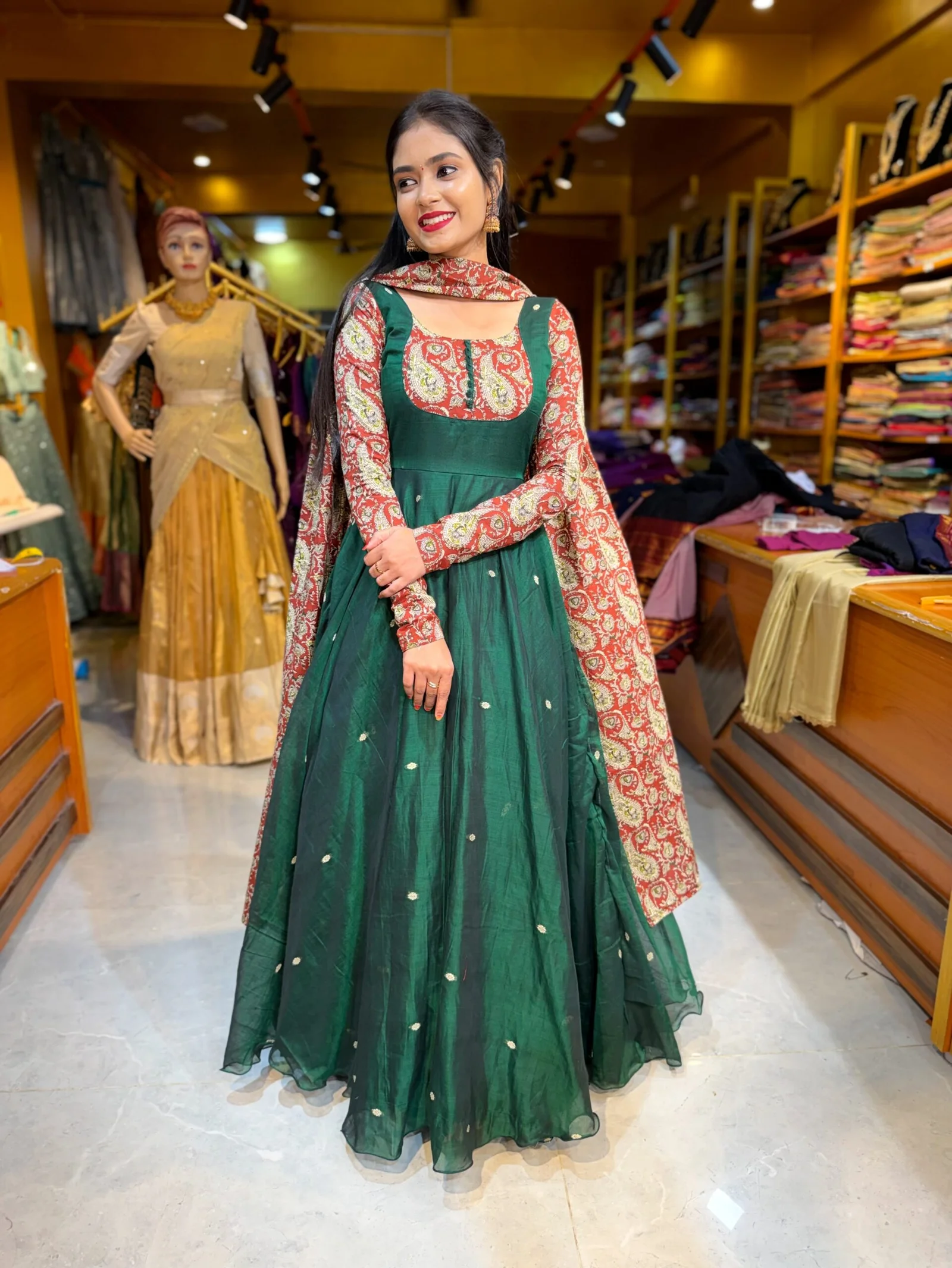 Bottle Green Handloom Cotton Gown - Image 3