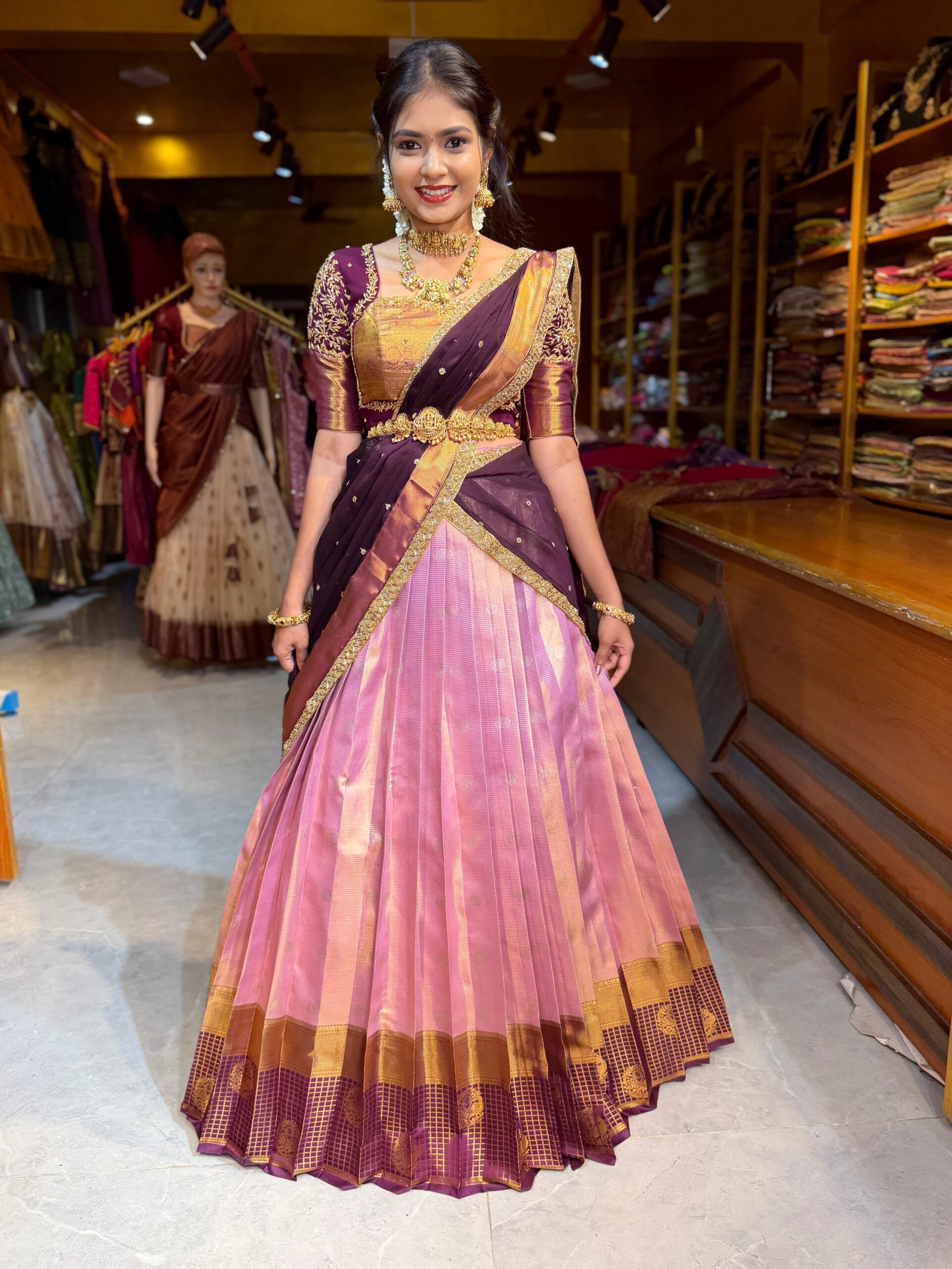 KANMANI Pink Aari worked Half Saree - Image 2