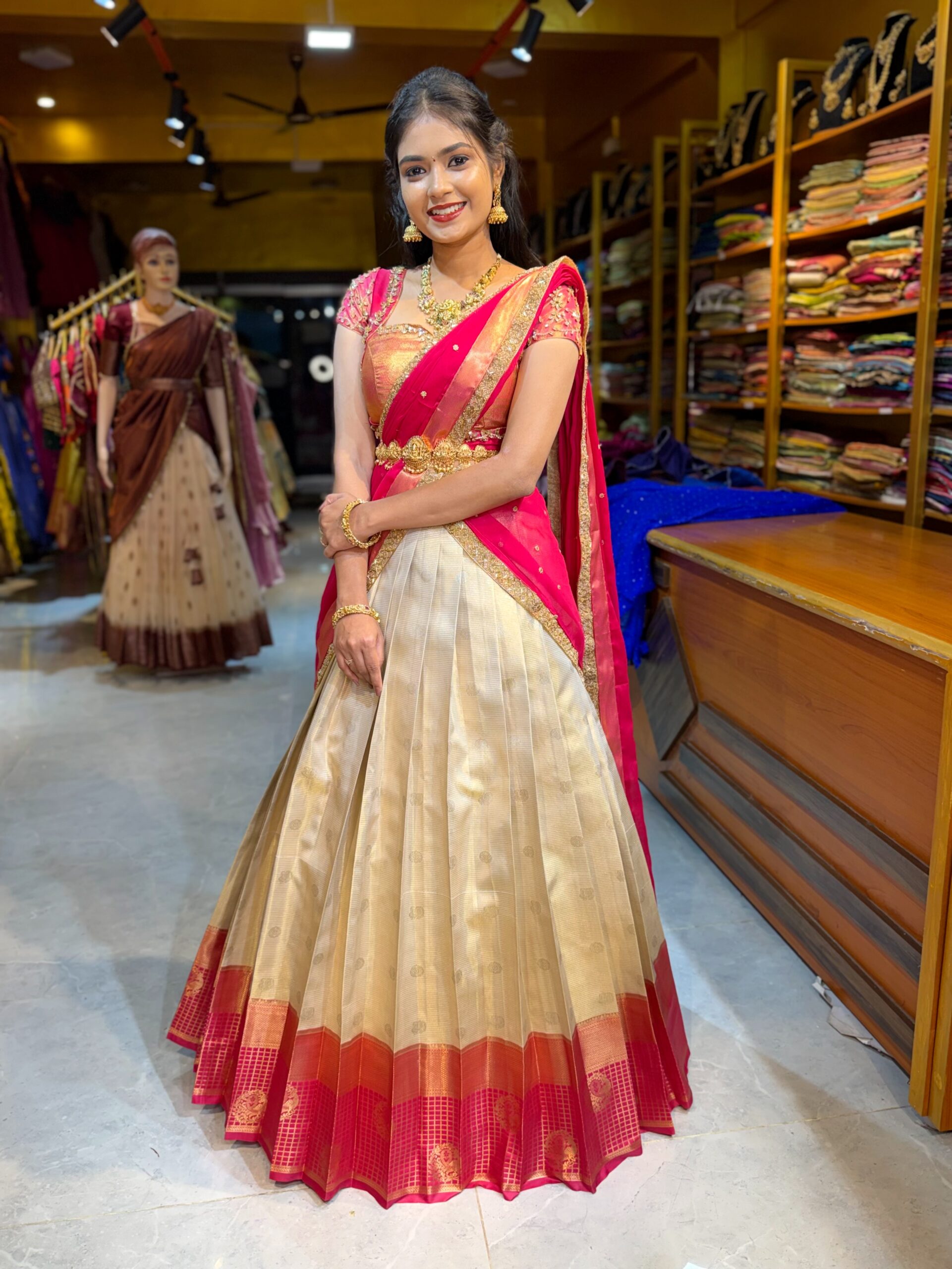 KANMANI Off White Aari worked Half Saree - Image 2