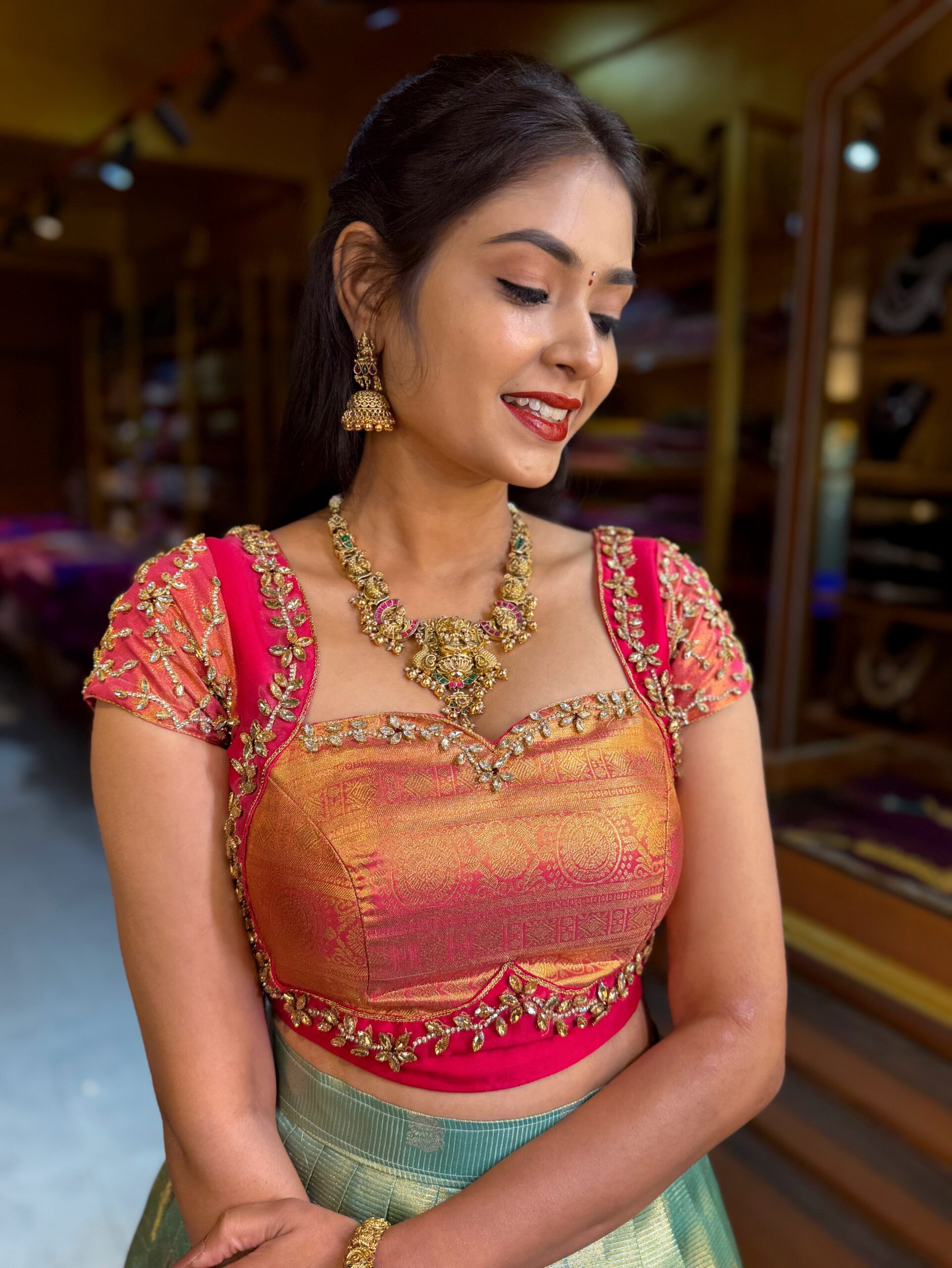 KANMANI Sea Green Aari worked Half Saree - Image 3