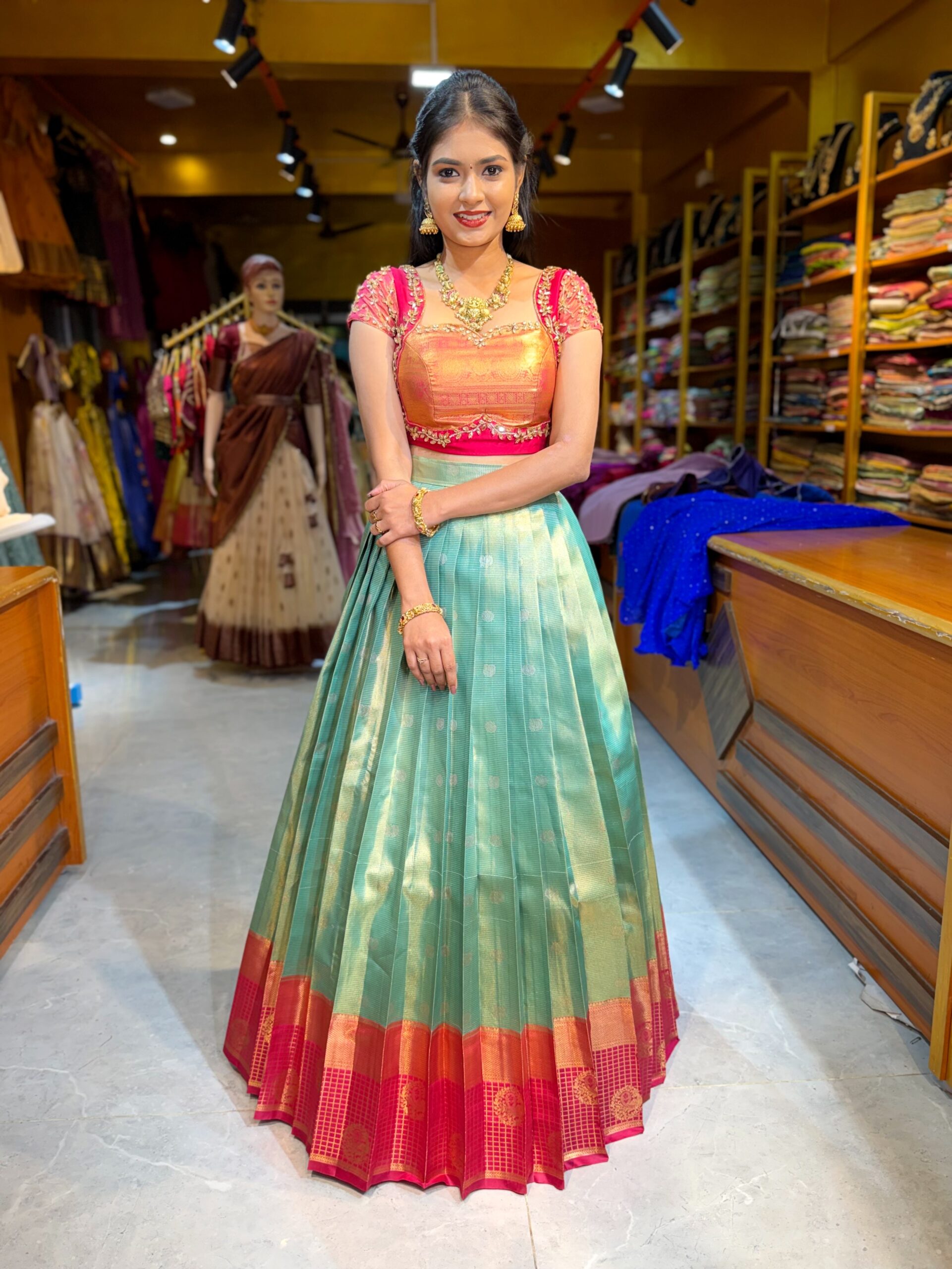 KANMANI Sea Green Aari worked Half Saree - Image 2