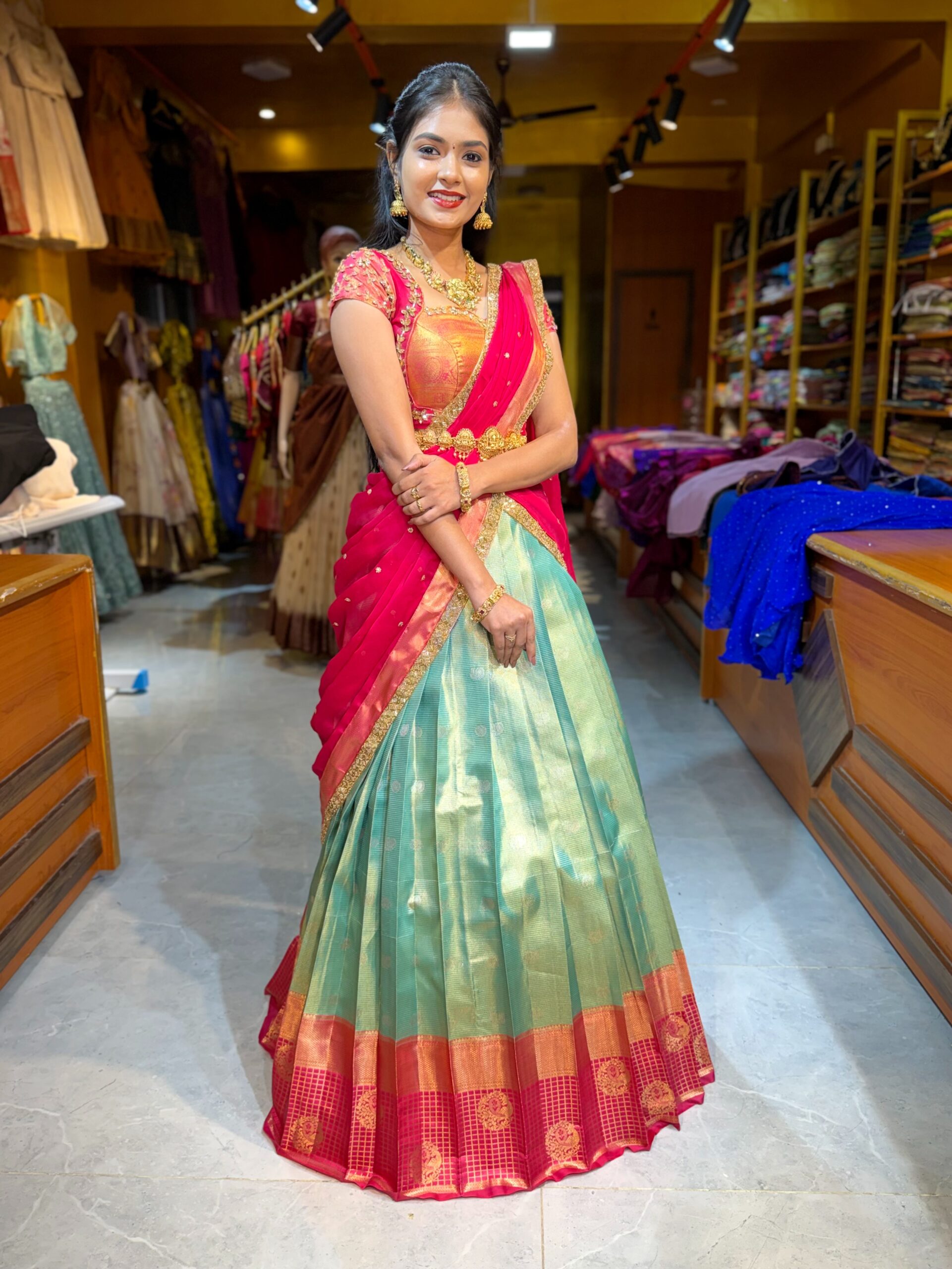 KANMANI Sea Green Aari worked Half Saree - Image 5