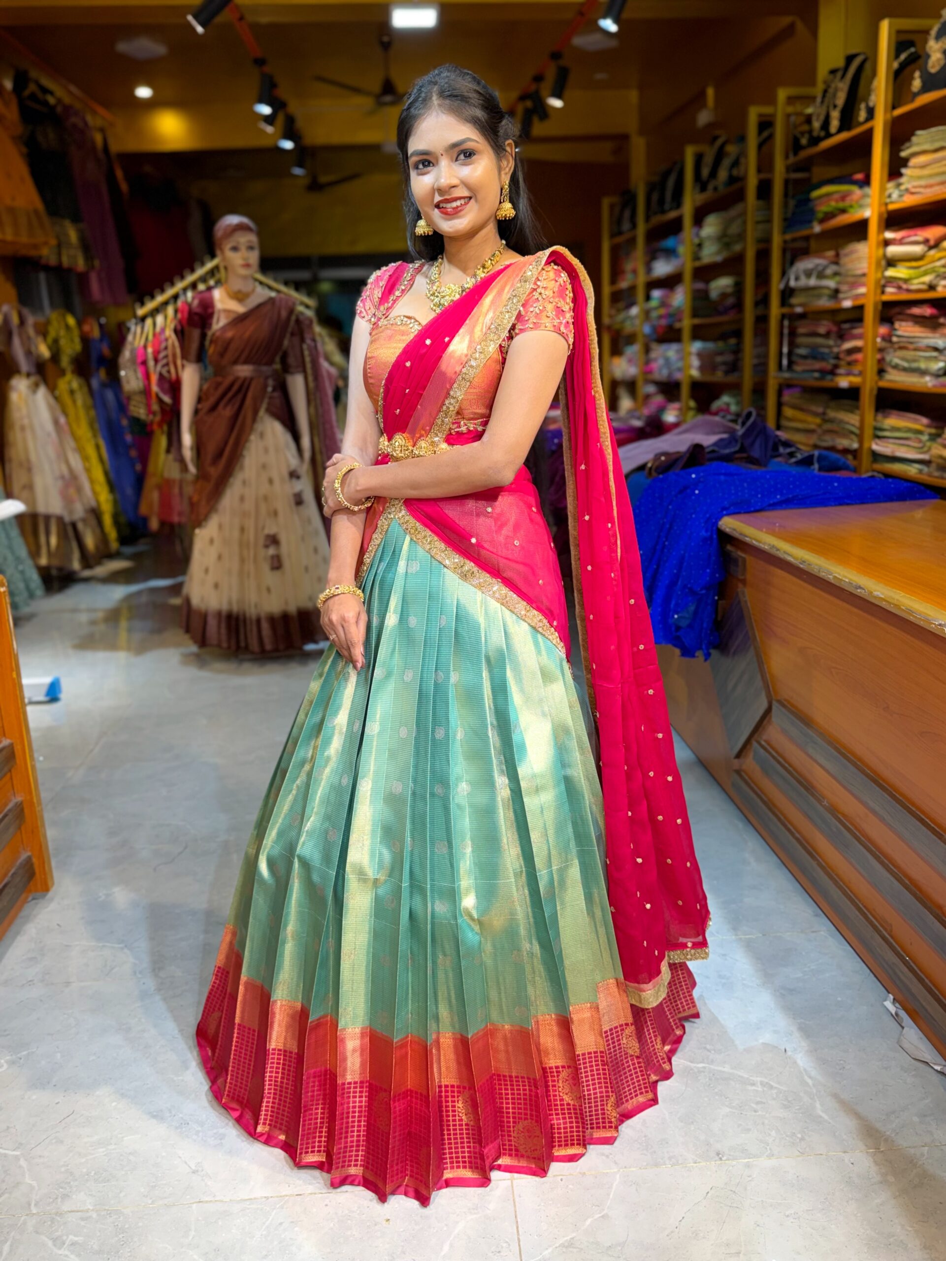 KANMANI Sea Green Aari worked Half Saree - Image 4