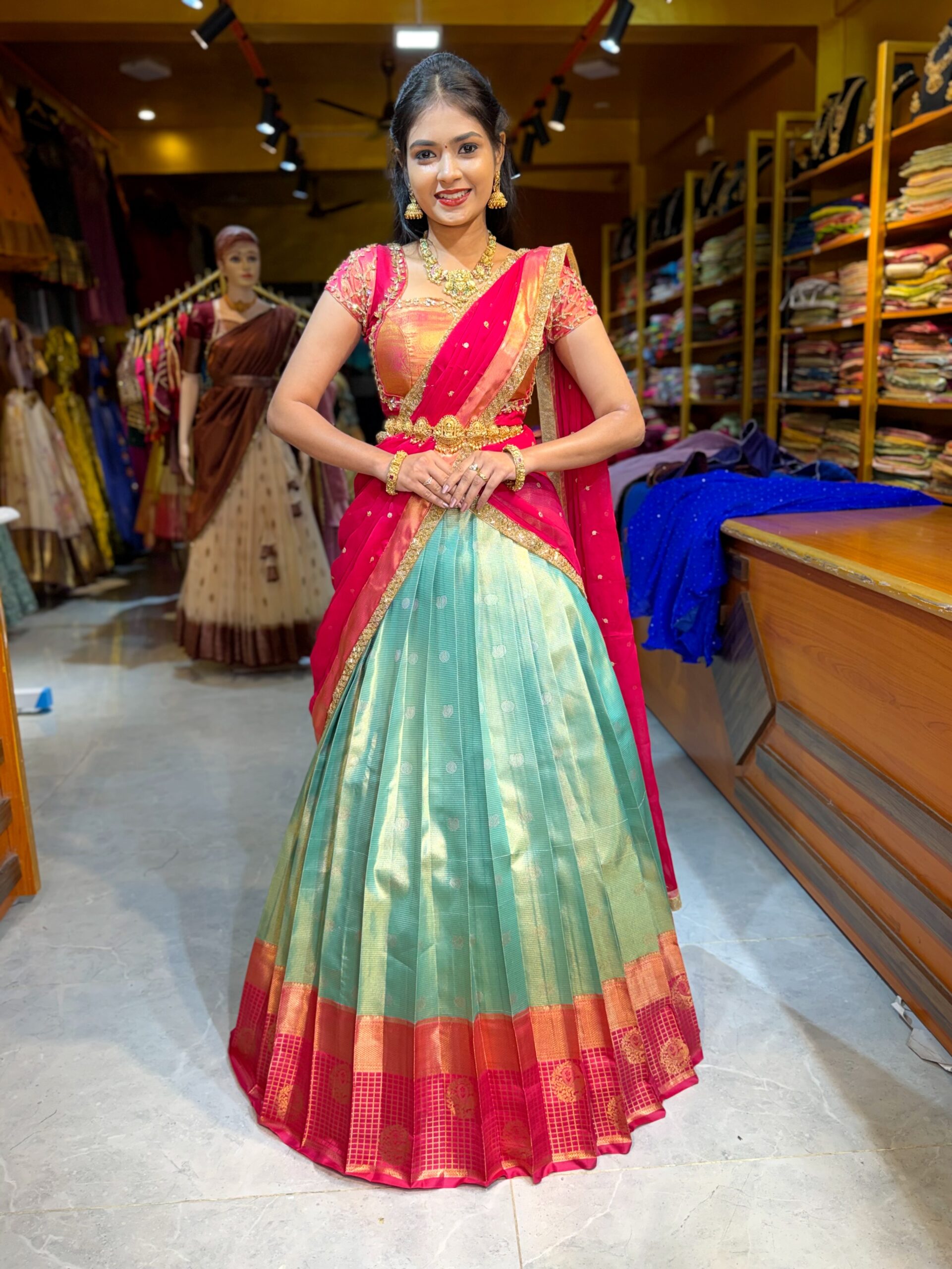 KANMANI Sea Green Aari worked Half Saree