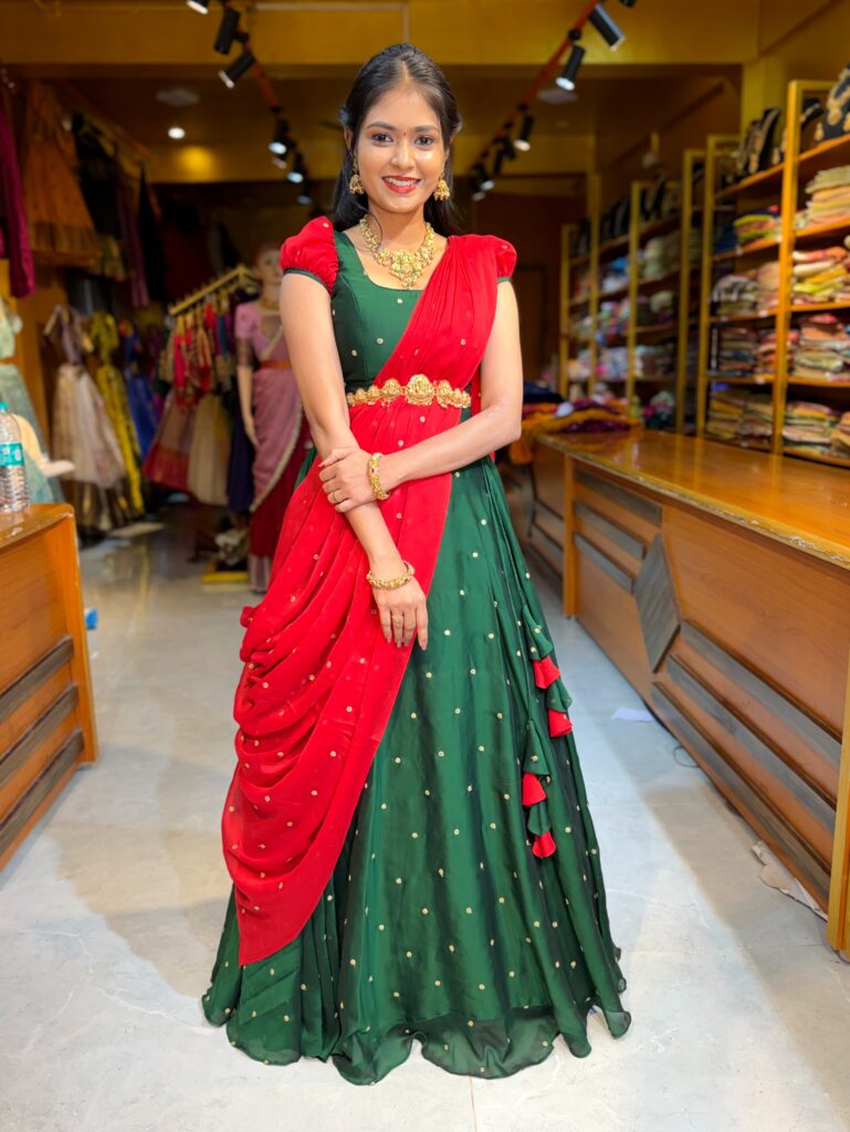 Rathinam Bottle Green Lehenga