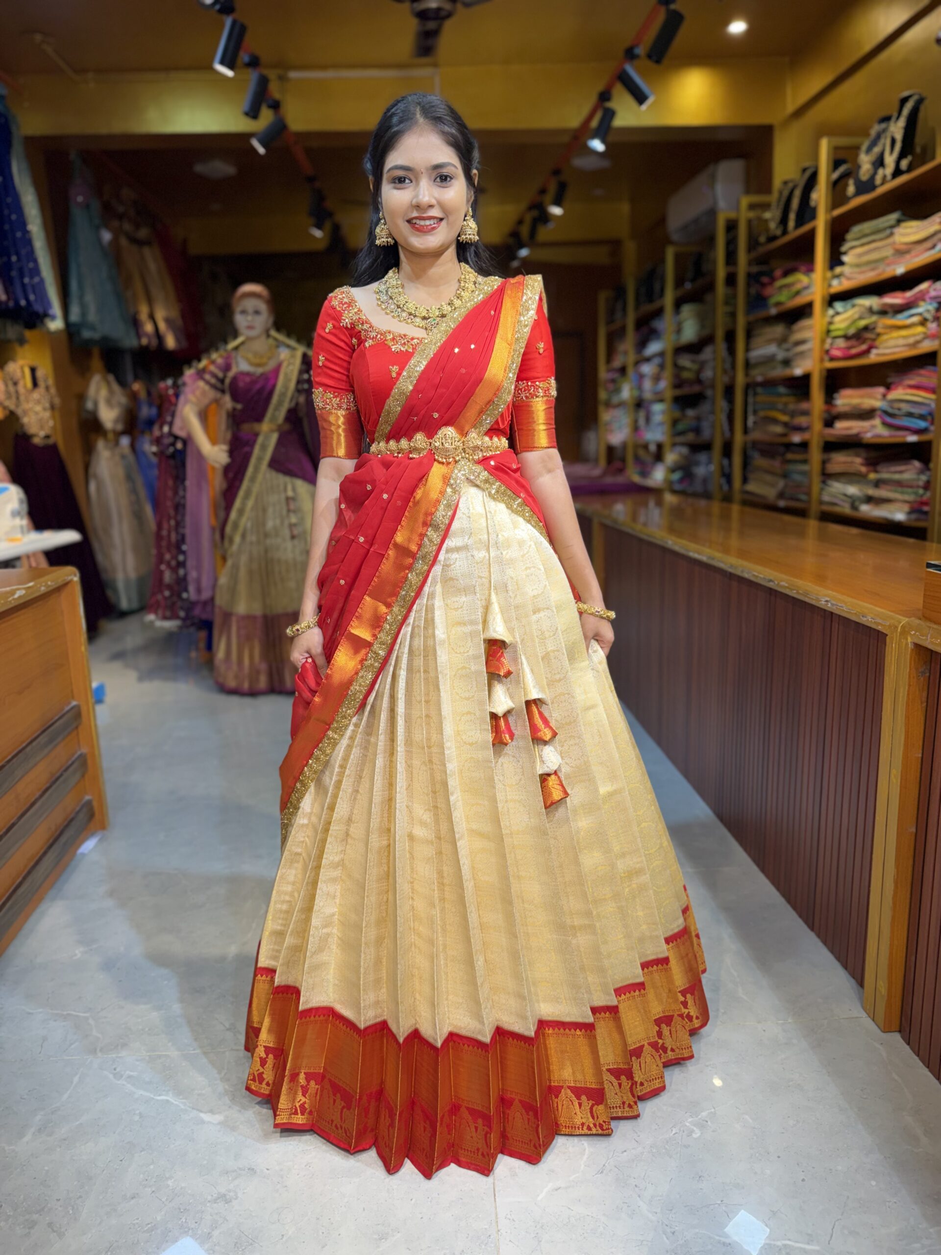 ARUNDHATHI Red Aari worked Half Saree