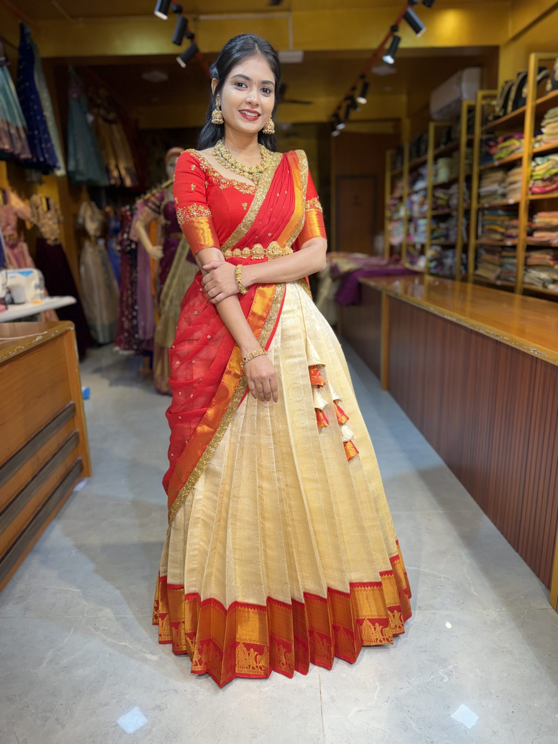 ARUNDHATHI Red Aari worked Half Saree - Image 2