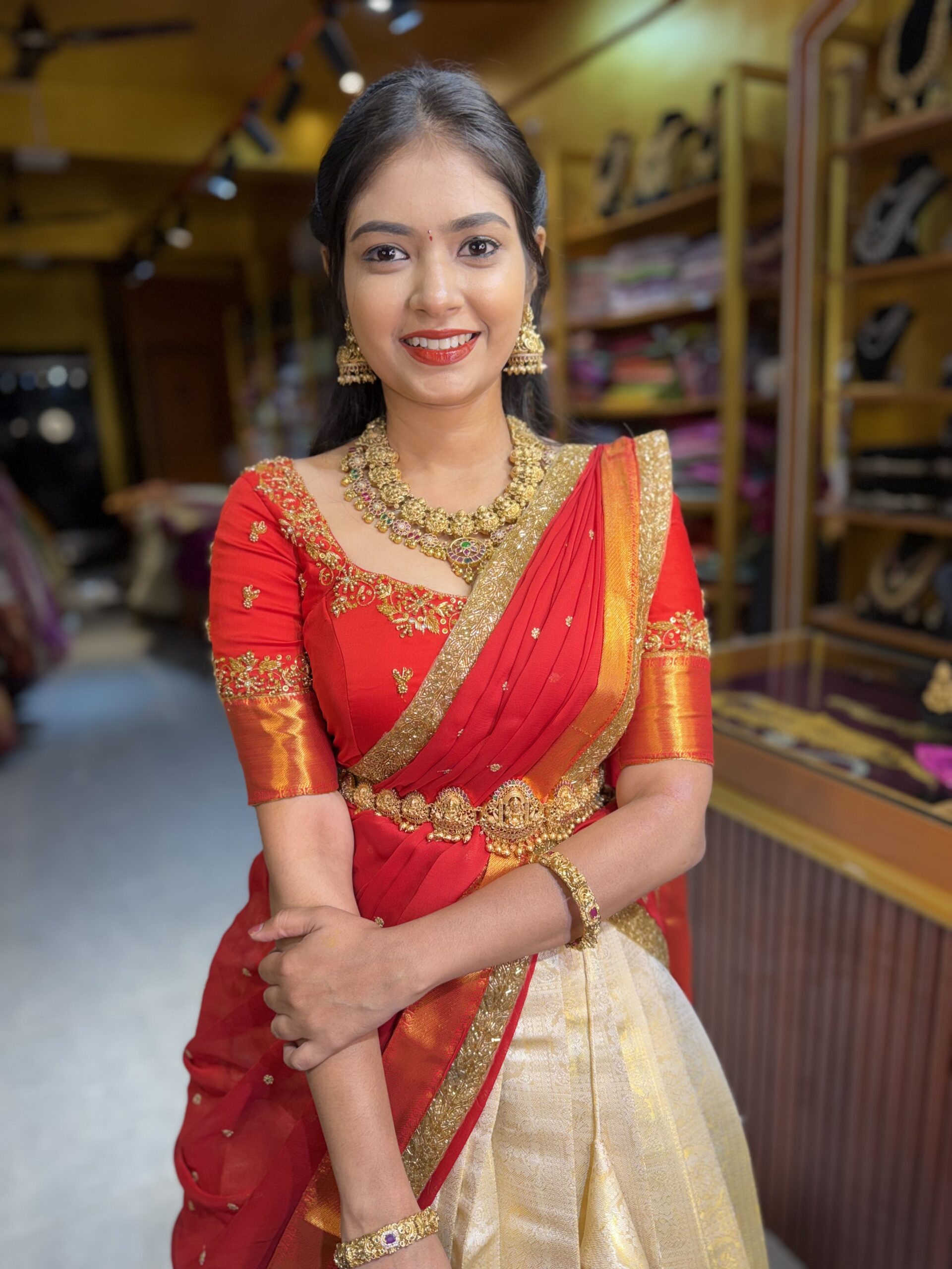 ARUNDHATHI Red Aari worked Half Saree - Image 3